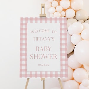 Letrero de bienvenida para baby shower con cuadros rosas minimalistas / Cartel de espuma con caballete para baby shower rosa minimalista editable / Cartel minimalista minimalista