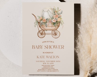 Könnte beinhalten: Eine Babyparty-Einladung mit einer Aquarell-Illustration eines antiken Kinderwagens, der mit Blumen geschmückt ist. Der Text lautet "Schließen Sie sich uns zu einer Babyparty zu Ehren von Kate Walton an".