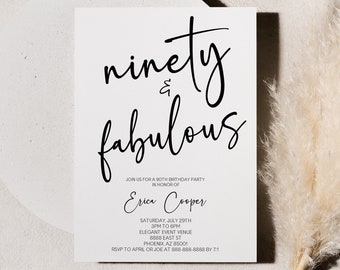 Ninety & Fabulous 90th Birthday Party Invitation | Editable B-Day Party Invite | 90 | Minimal Minimalist Modern Script Basic Elegant A65