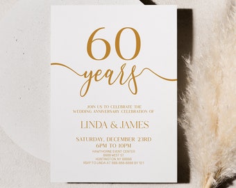 60 Year Wedding Anniversary Celebration Invitation | Self Editable | Elegant Minimalist Champagne White | 60th Year Anniversary