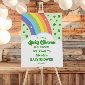 Letrero de bienvenida para baby shower editable ¡Un pequeño amuleto de la suerte está en camino! Letrero de caballete para baby shower del Día de San Patricio Tablero de espuma B38