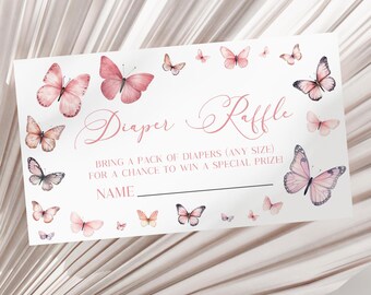 Bewerkbaar | Roze vlinder babyshower luierloterijkaart | Bewerkbaar ticket voor luierloterij | Modern schattig elegant