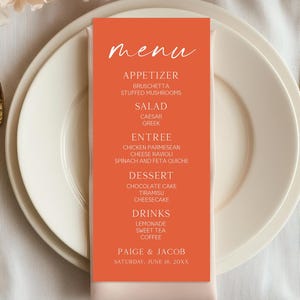 Editable Wedding Menu | Modern Elegant Verona Sunset Wedding Reception Menu | Warm Orange Minimalist C71