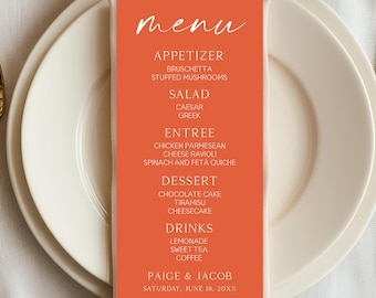 Editable Wedding Menu | Modern Elegant Verona Sunset Wedding Reception Menu | Warm Orange Minimalist C71