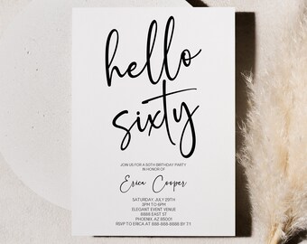 Hello Sixty 60th Birthday Party Invitation | Editable B-Day Party Invite | 60 | Minimal Minimalist Modern Script Plain Basic Bare Elegant