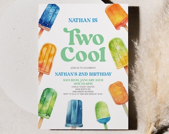 Two Cool 2nd Second Birthday Party Invitation | Editable Popsicle Invite | Retro Summer Blue Green Orange Popsicles A90