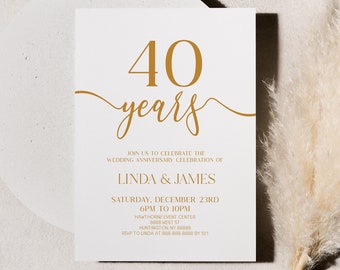 40 Year Wedding Anniversary Celebration Invitation | Self Editable | Elegant Minimalist Champagne White | 40th Year Anniversary