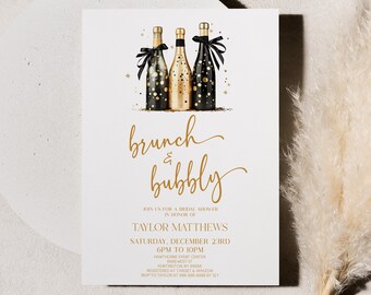 Brunch and Bubbly Bridal Shower Invitation | Editable Black Gold Champagne Sparkling Wine Bottle Invite