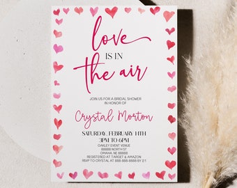 Love Is In The Air | Editable Bridal Shower Invitation | Pink and Red Hearts Valentine's Day Themed Bridal Shower Invite