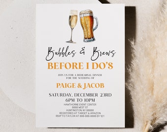 Bubbles and Brews Before I Do's Editable Wedding Rehearsal Dinner Invitation | Bubbly Champagne Flute Beer Stein Glass Invite