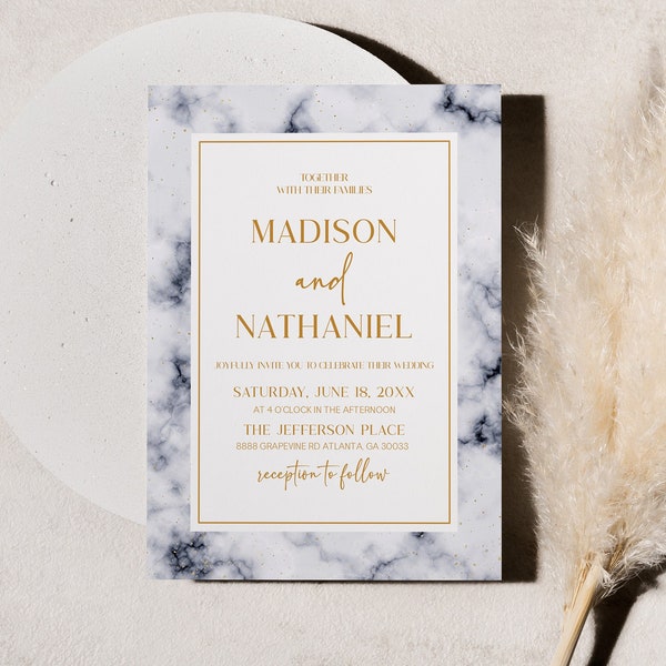 Gray White Gold Marble Wedding Invitation | Modern Elegant Wedding Invite | Editable