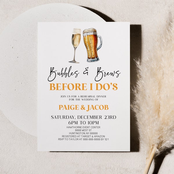 Bubbles and Brews Before I Do's Editable Wedding Rehearsal Dinner Invitation | Bubbly Champagne Flute Beer Stein Glass Invite