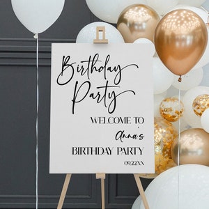 Signo de bienvenida de la fiesta de cumpleaños / Fiesta de cumpleaños en blanco y negro editable / Tablero de espuma del cartel del caballete / Lindo minimalista moderno elegante A62
