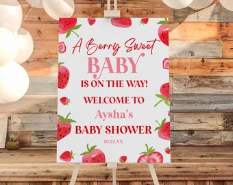 A Berry Sweet Baby Is On The Way! Baby Shower Welcome Sign | Strawberry Fruit Welcome Sign | Digital Printable Template Instant Download A19