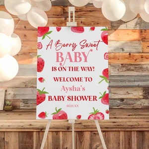 Er is een lieve schat op komst! Welkomstbord babyshower | Welkomstbord aardbei fruit | Digitale afdrukbare sjabloon direct downloaden A19