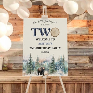 Panneau de bienvenue « Notre petit bûcheron a deux ans » bleu | Poster pour chevalet de fête d'anniversaire pour deuxième anniversaire | Modifiable