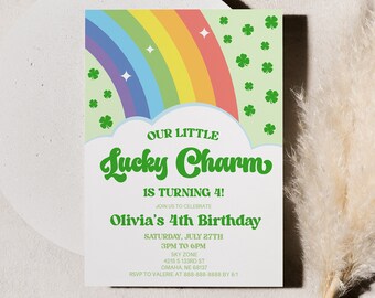 May include: A green and white invitation with a rainbow and shamrocks. The text reads "Our Little Lucky Charm is turning 4! Olivia's 4th Birthday. Saturday, July 27th 2PM to 6PM"
