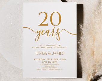 20 Year Wedding Anniversary Celebration Invitation | Self Editable | Elegant Minimalist Champagne White | 20th Year Anniversary