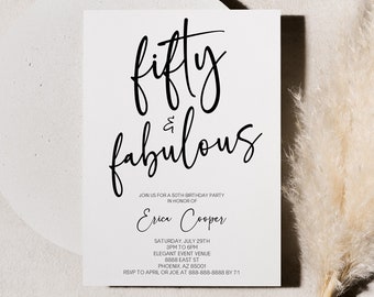 Fifty & Fabulous 50th Birthday Party Invitation | Editable B-Day Party Invite | 50 | Minimal Minimalist Modern Script Plain Basic Elegant
