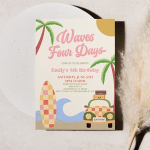 Waves Four Days Beach Surf Board Beach Wave 4th Birthday Party Invitation | Fourth Birthday Party Invitation | Editable Invite