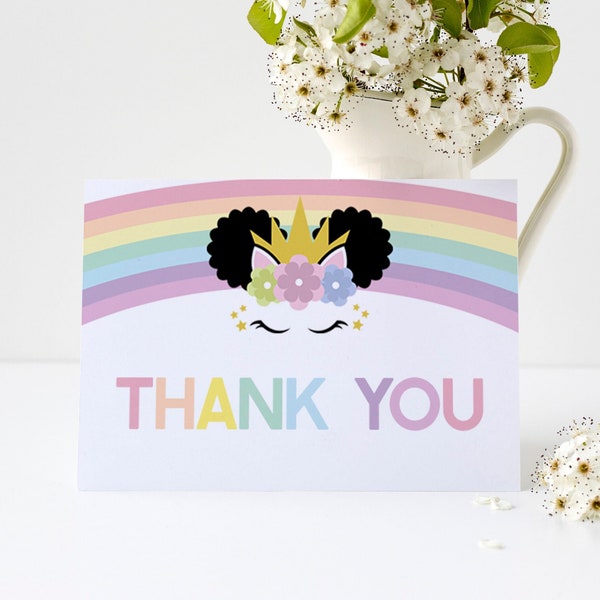 Afro Puff Unicorn and Rainbows Themed Thank You Card | Editable Folded Thank You Note | Baby Shower or Birthday Party