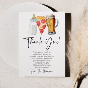 Des pizzas, des infusions et des couches aussi ! de remerciements pour la fête de naissance de Co Ed | Biberon modifiable Pizza bière verre plat Merci note B34