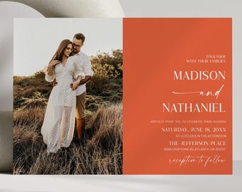 Modern Elegant Verona Sunset Picture Wedding Invitation | Warm Orange Minimalist Custom Photo Wedding Invite | Editable