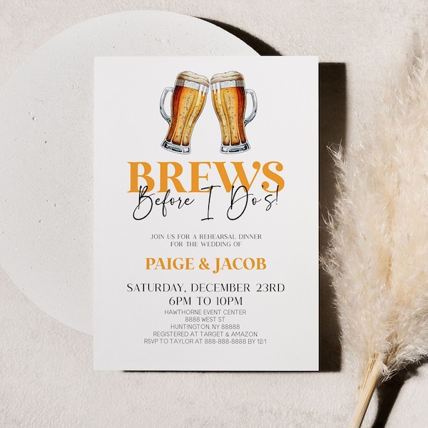 Brews Before I Do's Editable Rehearsal Dinner Invitation | Beer Stein Glass Wedding Rehearsal Dinner Invite