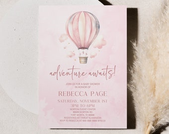 Adventure Awaits! Pink Hot Air Balloon Baby Shower Invitation | Editable Watercolor Pink Baby Shower Invite A30