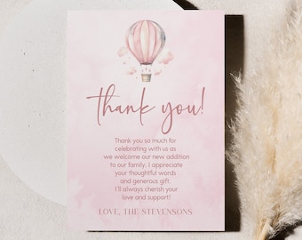 Pink Hot Air Balloon Baby Shower Thank You Card | Editable Thank You Note | Up, Up, and Away! Adventure Awaits! A30