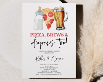 Pizza, Brews, and Diapers Too! Co Ed Baby Shower Invitation | Editable Baby Bottle Pizza Beer Pint Co-ed Invite | Minimal Minimalist b34
