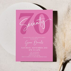 Pink Seventy 70th Birthday Party Invitation | Editable B-Day Party Invite | Modern Minimal Minimalist