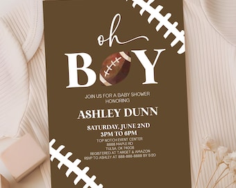 Oh Boy! Editable Football Baby Shower Invitation Template, Brown Football Lace Sports Baby Shower Invite B79
