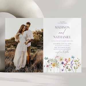 May include: Wedding invitation featuring a photo of a couple and text. The invitation includes the names "Madison and Nathaniel" in a script font, along with event details and floral illustrations. A large, white, abstract vase is in the background.