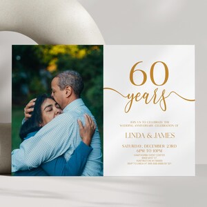 60 Year Custom Picture Wedding Anniversary Celebration Invitation | Elegant Minimalist Champagne White | 60th Year Anniversary