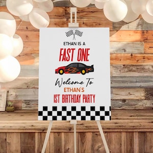 Fast One 1st Birthday Party Welcome Sign | Race Car First B-Day Welcome Sign | Red Flame Race Car Easel Poster Foam Board Sign A4