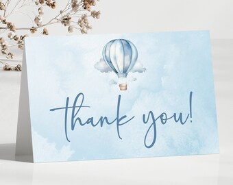 Blue Hot Air Balloon Editable Thank You Card | Editable Template Folded Thank You Note | Baby Shower or Birthday Party A29