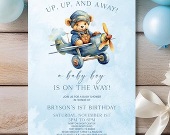 May include: A light blue rectangular invitation card featuring a watercolor illustration of a teddy bear in a pilot hat flying a blue airplane. The text reads: UP. UP. AND AWAY! a baby boy IS ON THE WAY! JOIN US FOR A BABY SHOWER IN HONOR OF BRYSON'S 1ST BIRTHDAY SATURDAY, NOVEMBER 1ST 3PM TO 6PM NORTON EVENT CENTER 88888 NORTON RD FORT WORTH, TX 88888 REGISTERED AT TARGET & AMAZON RSVP TO REBECCA AT 888-888-8888 BY 10.20