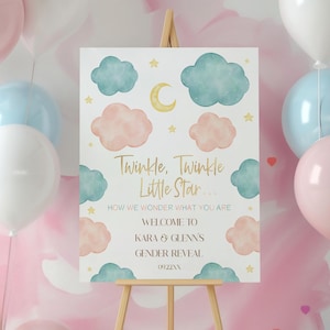 Bearbeitbares Gender Reveal Willkommensschild | Twinkle Twinkle Little Star How We Wonder You Are Gender Reveal Poster Staffelei Poster | A32
