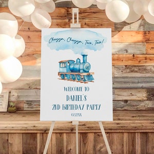 Chugga Chugga Two Two 2e anniversaire Party Panneau de bienvenue | Affiche de enseigne de chevalet modifiable pour fête du deuxième anniversaire du train Choo Choo Train, panneau en mousse