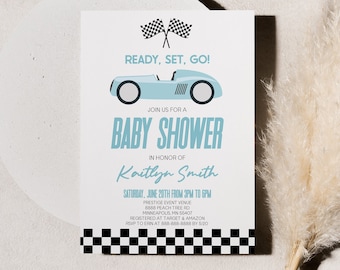 Invitation de baby shower de voiture de course bleue modifiable, invitation de baby shower de drapeau de course à damier en damier B83