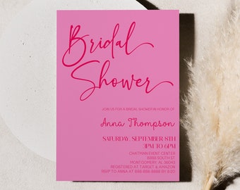 Editable Bridal Shower Invitation | Hot Pink Minimal Minimalist Bridal Shower Invite | Modern Simple Elegant