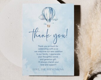 Blue Hot Air Balloon Baby Shower Thank You Card | Editable Thank You Note | Up, Up, and Away! Adventure Awaits! A29