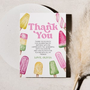 Tarjeta de agradecimiento plana para fiesta de cumpleaños de paletas rosa, verde y amarilla, A88 A91 editable