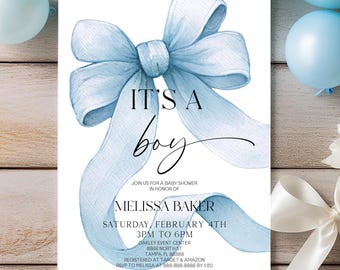 May include: A rectangular baby shower invitation card featuring a large, watercolor-style light blue ribbon bow. The text reads: IT'S A boy, JOIN US FOR A BABY SHOWER IN HONOR OF MELISSA BAKER, SATURDAY, FEBRUARY 4TH, 3PM TO 6PM, OAKLEY EVENT CENTER.