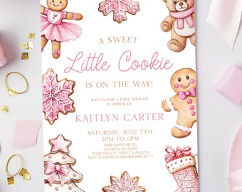 May include: A baby shower invitation with a pink and white theme. The invitation features gingerbread cookie illustrations and the text "A Sweet Little Cookie Is On The Way!" with event details.