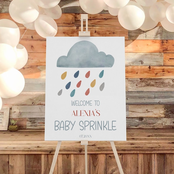 Boho Rain Cloud Themed Baby Sprinkle Welcome Sign | Watercolor Boho Rain Drops and Clouds | Editable Baby Sprinkle Easel Poster Foam Board