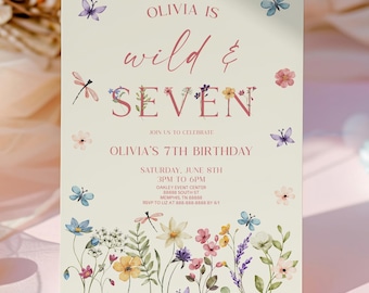 May include: A rectangular birthday invitation card on a cream background featuring the text Olivia is wild & SEVEN, Olivia's 7th birthday, date, time, and location. The design includes watercolor illustrations of colorful wildflowers and butterflies.