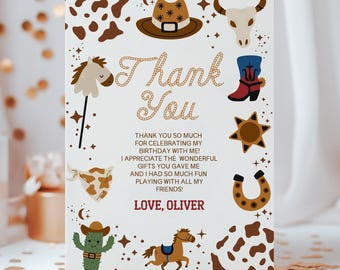 May include: A rectangular thank you card featuring western-themed illustrations including a cowboy hat, bull skull, horseshoe, cactus, and horse. The text reads: Thank You, THANK YOU SO MUCH FOR CELEBRATING MY BIRTHDAY WITH ME! LOVE, OLIVER.