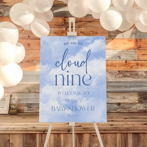Estamos en la nube número nueve / Letrero de bienvenida editable para baby shower / Póster de baby shower con nubes brillantes en azul y blanco, caballete de tablero de espuma / A9